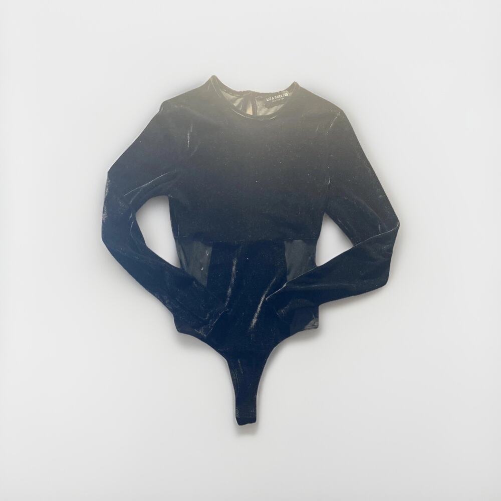 Liz & Sara Bodysuit Womens XS Black Velvet Long Sleeve Mesh Thong Snap Crotch
